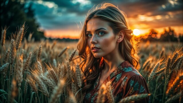 Wheat field woman portrait sunset golden hour nature photography - Powered by Adobe