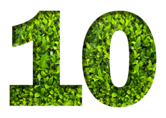 number 10 from green leaves  isolated on transparent background. suitable for birthday, anniversary and memorial day templates.