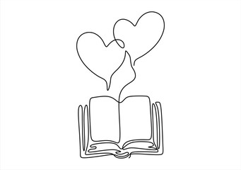 Love for Reading Continuous Line Art of a Book and Hearts. line icon-continuous line drawing. Editable stroke.
