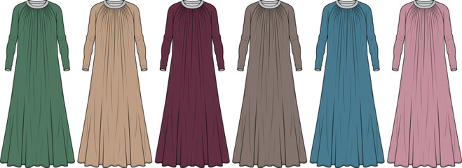 Women's long sleeve maxi dress fashion technical drawing set in multiple color variations for apparel design