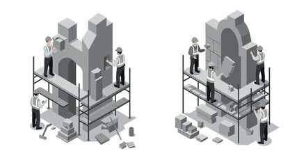 Fototapeta premium Isometric construction site: workers building architectural structures