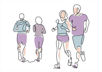 Continuous Line Art of People Running and Jogging. line icon-continuous line drawing. Editable stroke.