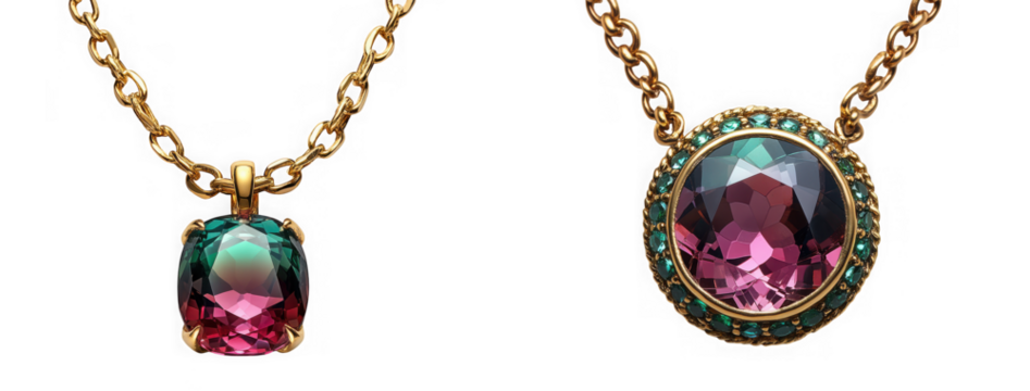 Two exquisite gold necklaces featuring colorful gemstone pendants, one squarecut and one oval, isolated on transparent background - Powered by Adobe