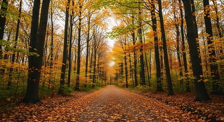 Obraz premium Autumnal forest path lined with tall trees and colorful foliage