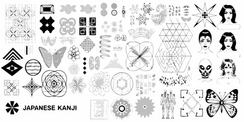 Collection of japanese kanji symbols abstract designs geometric patterns and stylized portraits in grayscale