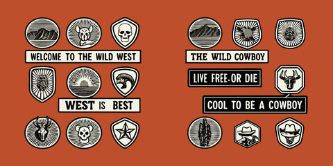 Collection of wild west cowboy emblems and slogans with mountains skulls and animals