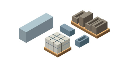 Fototapeta premium Isometric building materials: bricks and blocks arrangement on pallets