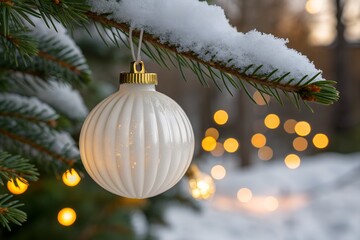 hite Ribbed Christmas Ornament on Snowy Pine Branch