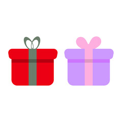 A pair of simple, slightly blurred icons representing gift boxes. The left box is bright red with a dark green ribbon, and the right box is light purple/lavender with a pink ribbon
