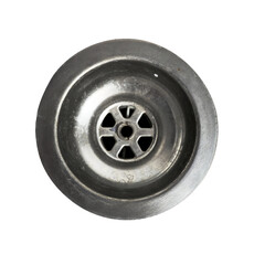 Top view of stainless steel sink drain isolated on white