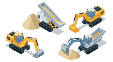 Fototapeta premium Isometric construction machines collection featuring excavators and dump trucks