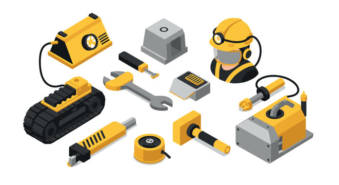 Isometric construction equipment icons set in yellow and black theme
