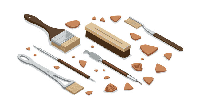 Archaeological tools with ancient pottery shards in isometric style