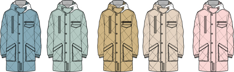 Technical fashion flat sketch of a unisex quilted hooded parka jacket. Set of five colorway variations for apparel design and manufacturing © Sadia