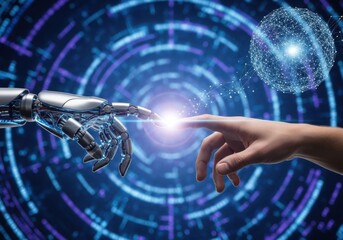 Human and robot hands reaching for connection in digital universe
