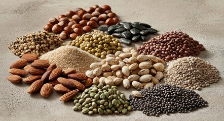 Fototapeta premium An assortment of seeds and nuts beautifully displayed in small clusters.