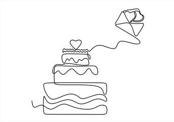 Continuous Line Art of Wedding Cake, Love Letter, and Hearts. line icon-continuous line drawing. Editable stroke.