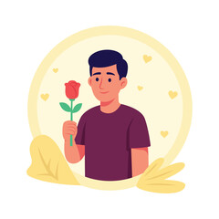 Romantic man holding rose, expressing love and devotion, flat concept vector