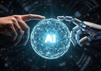 Human and robot touch sphere representing artificial intelligence