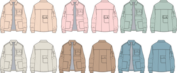 Technical fashion flats showcasing a versatile utility jacket design in a range of earthy and pastel colors for apparel production concepts