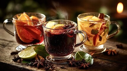 Three clear glass mugs of steaming mulled wine with orange slices, star anise and cinnamon sticks on a rustic wooden table, cozy festive winter drink still life