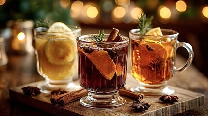 Three glasses of hot mulled wine and cider with spices, orange slices, lemon, rosemary, and cinnamon sticks on a wooden board, creating a cozy holiday atmosphere