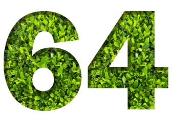 number 64 from green leaves  isolated on transparent background. suitable for birthday, anniversary and memorial day templates.