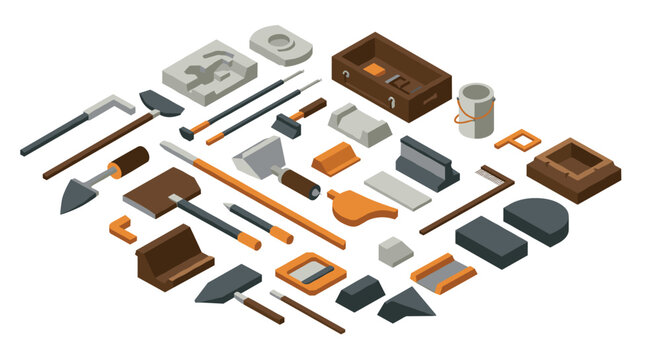 Isometric construction tools collection in earth tones with detailed precision for design projects