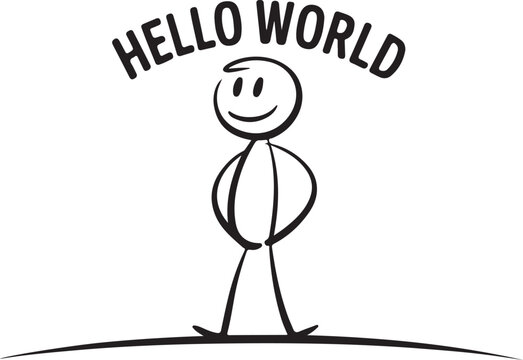 Stick figure programmer standing on a line with Hello World text vector graphic illustration