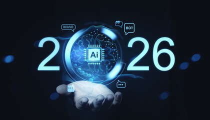 2026 digital future with AI technology interface and virtual brain concept on dark background showing innovation and online communication evolution.
