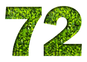 number 72 from green leaves  isolated on transparent background. suitable for birthday, anniversary and memorial day templates.