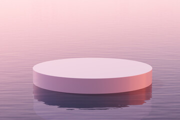 Minimal round podium floating on calm water under soft pink sky for product display or presentation concept template background. 3D Rendering