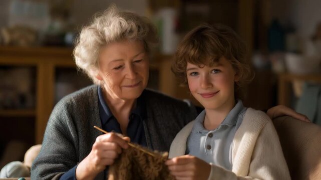 A warm grandmother knits sweaters with her 7-year-old granddaughter in a sitting room with yarn balls rolling, needles clicking, and patterns unfolding, shown in a crafty photo with wool textures,