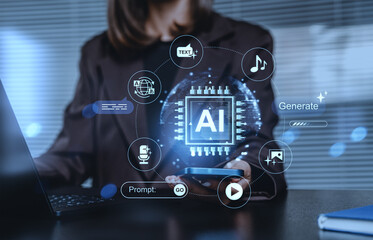 Futuristic AI prompt generation interface with digital icons and holographic technology concept in business setting on blurred office background.