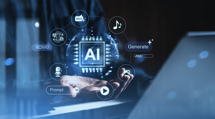 Artificial intelligence chip surrounded by generative content icons, illustrating prompt-based AI...