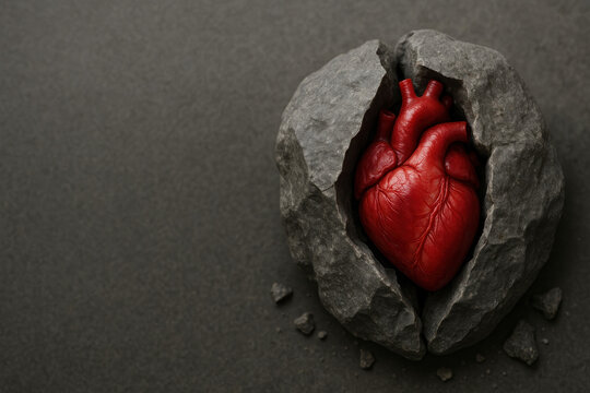 A red heart inside the shattered stone. Space for text.