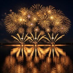 Spectacular fireworks display over a calm lake at night, creating a stunning reflection on the waters surface, with vibrant golden bursts illuminating the dark sky, celebrating a special occasion