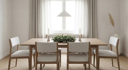 Elegant dining room with wooden table chairs and neutral decor in a bright setting