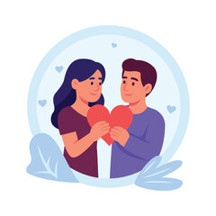 Flat illustration of lovers holding a heart symbolizing their romantic bond