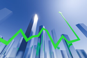 Green arrow line showing growth trend over modern skyscrapers in blue cityscape background, representing financial success and business rise concept. 3D Rendering
