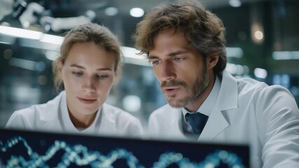 Biotechnology researchers in futuristic lab analyzing rotating holographic DNA strands on digital panels, surrounded by robotic instruments, symbolizing advanced medicine, molecular genetics, and - Powered by Adobe