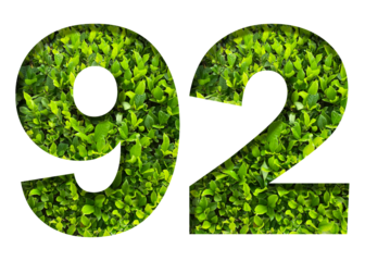 number 92 from green leaves  isolated on transparent background. suitable for birthday, anniversary and memorial day templates.
