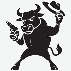 Fototapeta premium Cartoon Bull Character Holding a Gun and Hat