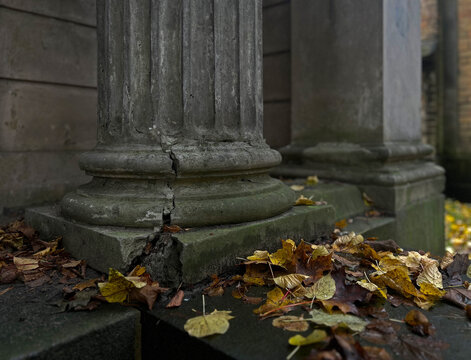 Old cracked stone column base with autumn leaves on the ground. Weathered architecture detail of ancient pillar with moss and decay, symbol of time and impermanence.