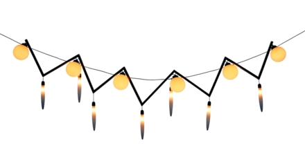 A string of warm yellow glowing fairy lights with icicle like drops isolated on transparent background