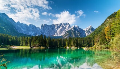 Obraz premium fusine lakes pristine turquoise waters surrounded by dramatic alpine peaks in friuli venezia