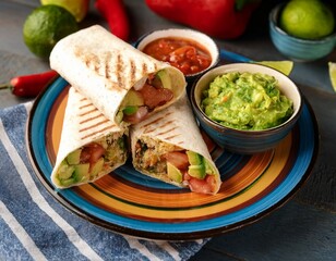 close up of plated burrito served with fresh guacamole salsa and lime on colorful ceramic plate