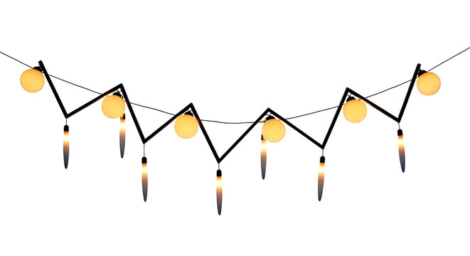 A string of warm yellow glowing fairy lights with icicle like drops isolated on transparent background