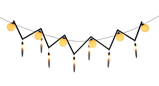 A string of warm yellow glowing fairy lights with icicle like drops isolated on transparent background