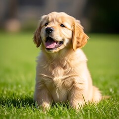 Adorable golden retriever puppy sitting in a lush green field, looking up with a happy expression, its tongue playfully sticking out, enjoying a sunny day in the park